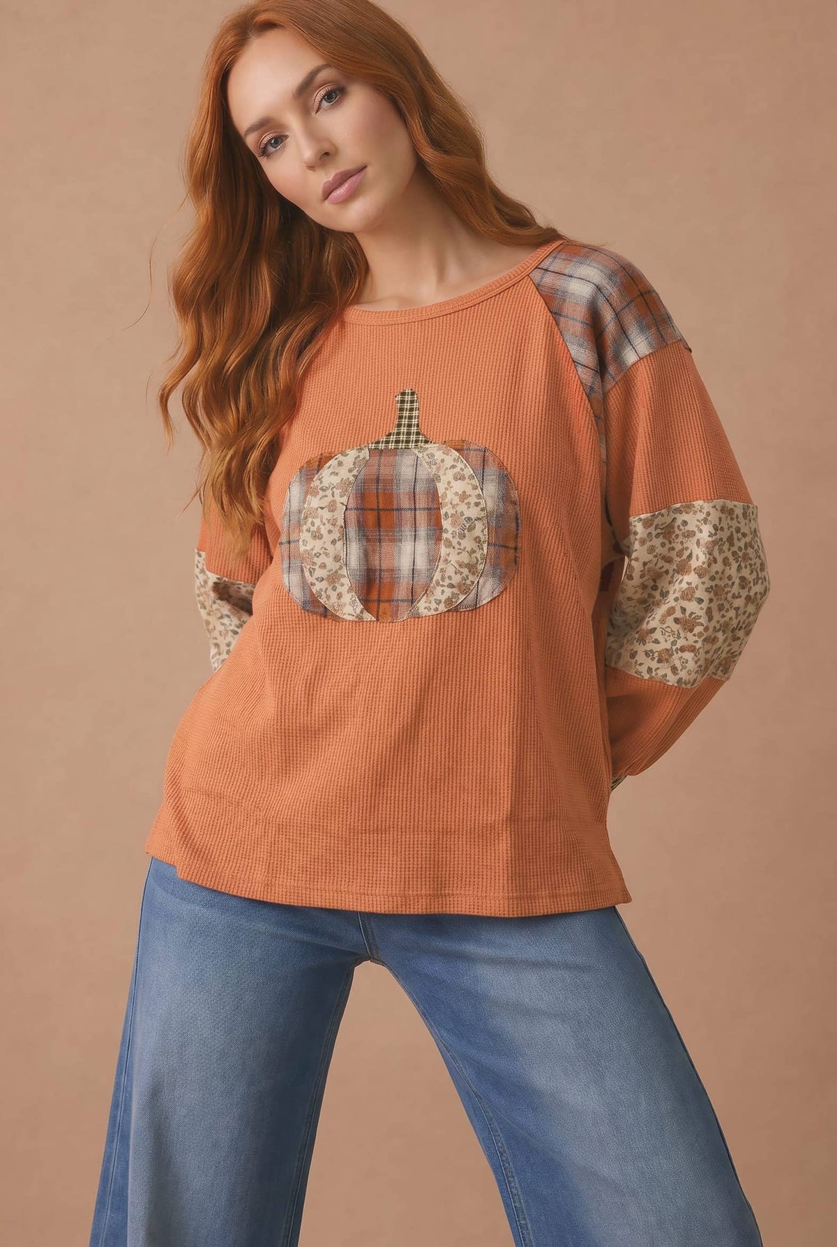 Haptics - Plus Pumpkin Patchwork Thermal Knit Top