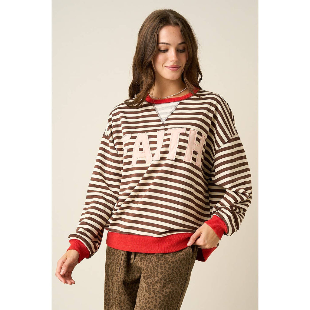 FAITH PATCHWORK STRIPED LONG SLEEVE SWEATSHIRT