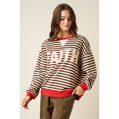FAITH PATCHWORK STRIPED LONG SLEEVE SWEATSHIRT