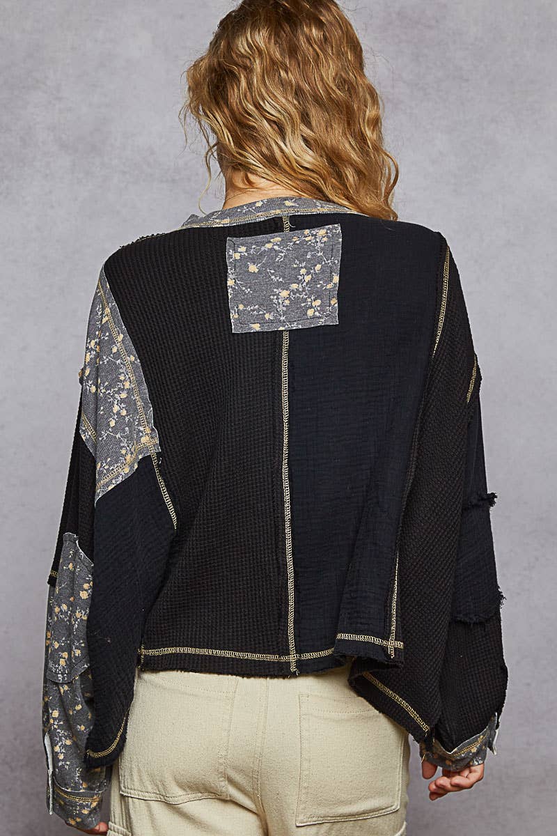 Pol Clothing - Round neck peace patch floral oversized fit knit top