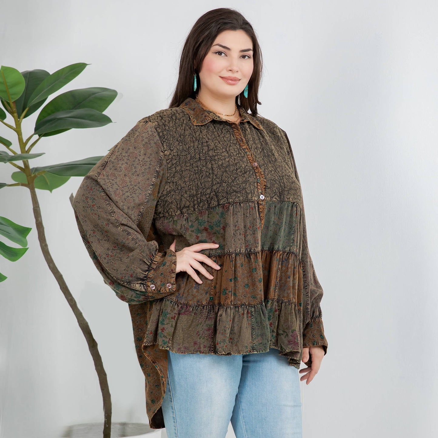 Young Threads - Front-Open Boho Shirt with Quilted Emb & Rayon Tiers