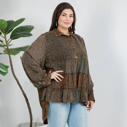 Young Threads - Front-Open Boho Shirt with Quilted Emb & Rayon Tiers