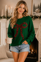 Main Strip - Holiday Plaid Bow Waffle Knit Pullover Top