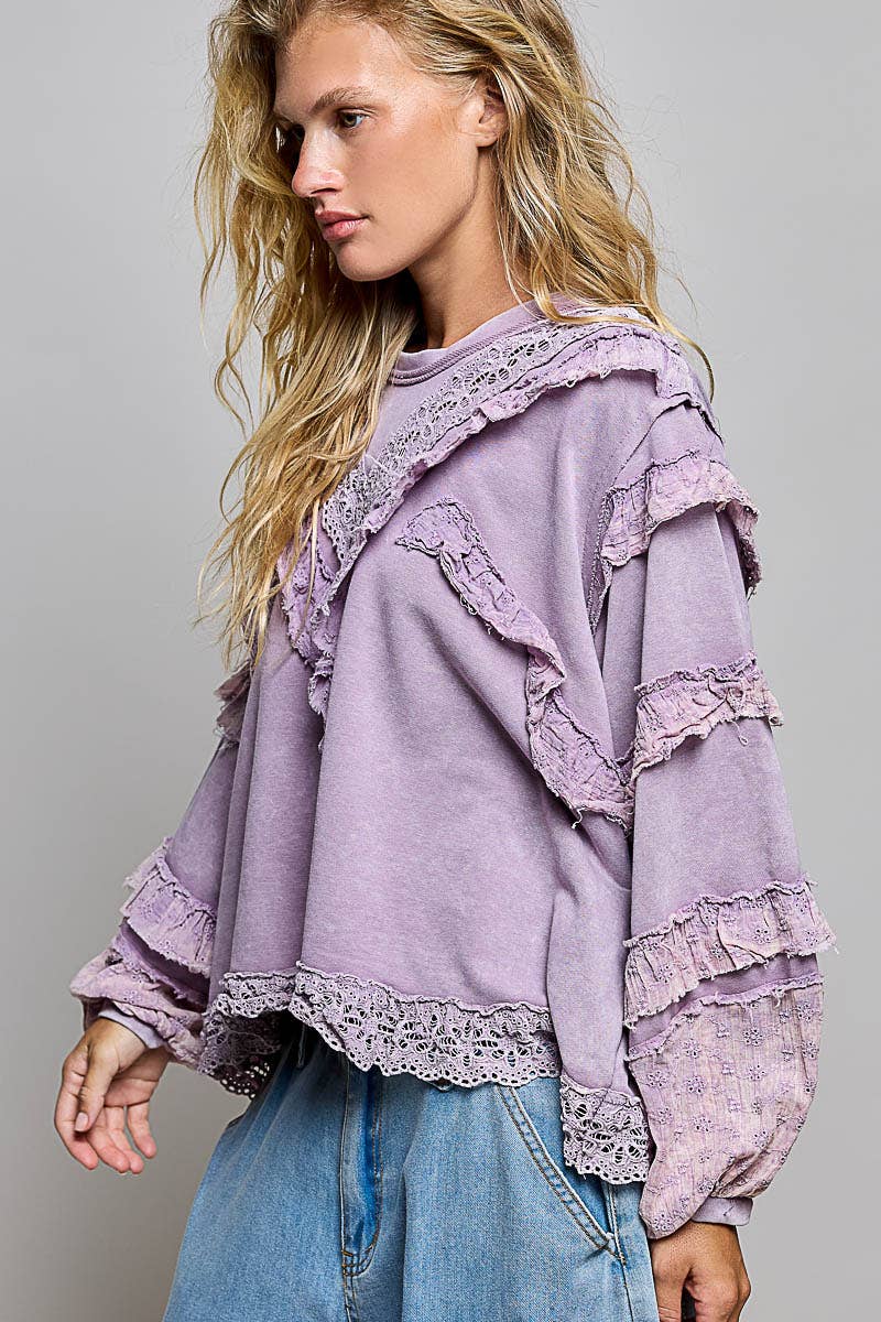Pol Clothing - French Terry Eyelet Ruffle Vintage Washing Solid Knit Top