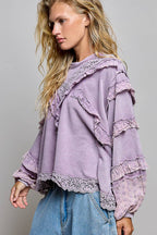 Pol Clothing - French Terry Eyelet Ruffle Vintage Washing Solid Knit Top