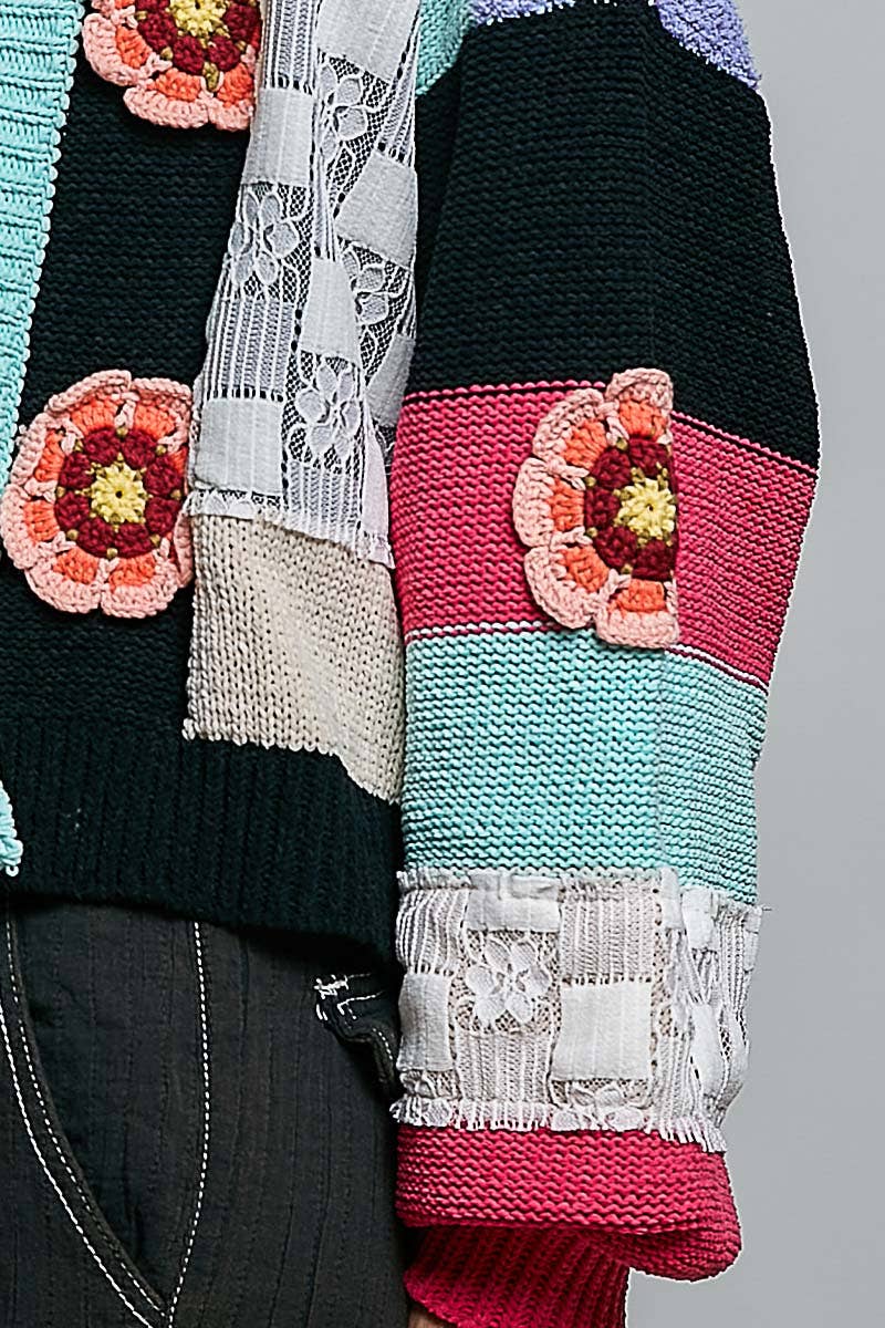 Pol Clothing - Mixed-Texture Patchwork Chenille Knit Crochet Cardigan