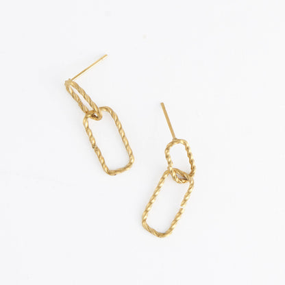 Howard's - Waterproof Earrings 18K Gold Textured Oval Link Dangle Studs