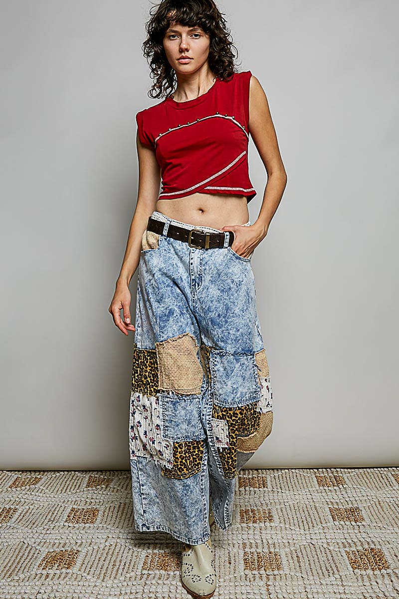 Pol Clothing - Handcrafted Vintage DIY Patchwork-Style Waistband Wide Pant