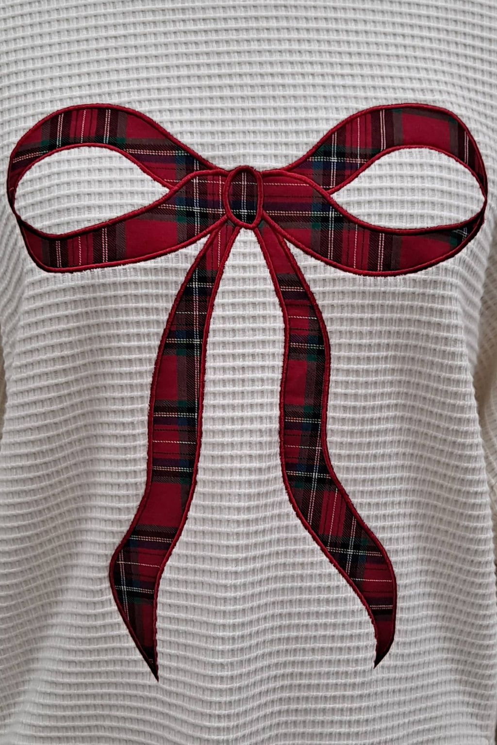 Main Strip - Holiday Plaid Bow Waffle Knit Pullover Top