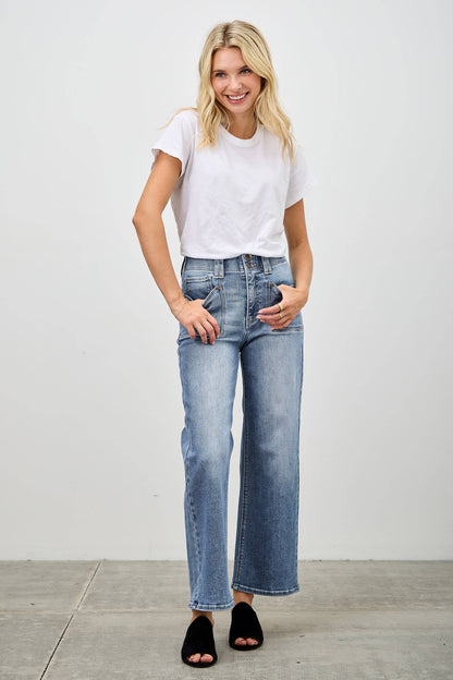 HIGH RISE CROP STRAIGHT WITH DOUBLE BUTTON SAIGE DENIM