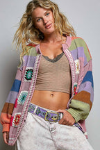 Pol Clothing - Handmade Patchwork Striped Chenille Sweater Open Cardigan