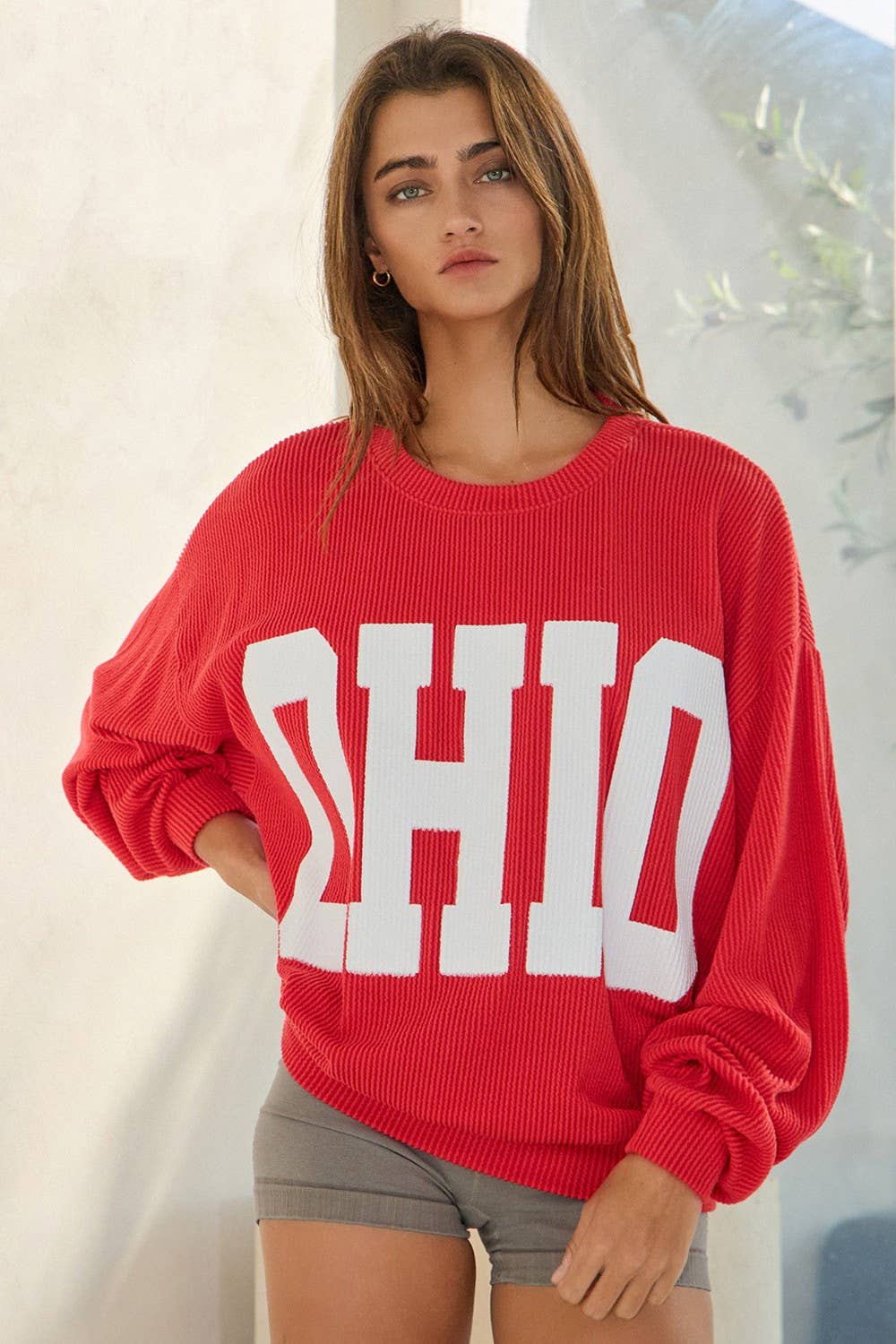 'OHIO' Print Ribbed Oversized Graphic Sweatshirt