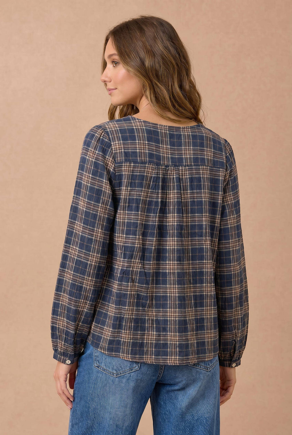 Haptics - Plus Crinkle Plaid Pin Tuck Buttoned Woven Blouse