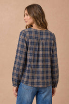 Haptics - Plus Crinkle Plaid Pin Tuck Buttoned Woven Blouse