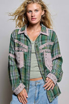 Pol Clothing - Plaid Mixed-Fabric Thermal Patch Studded Raw Edge Shirt
