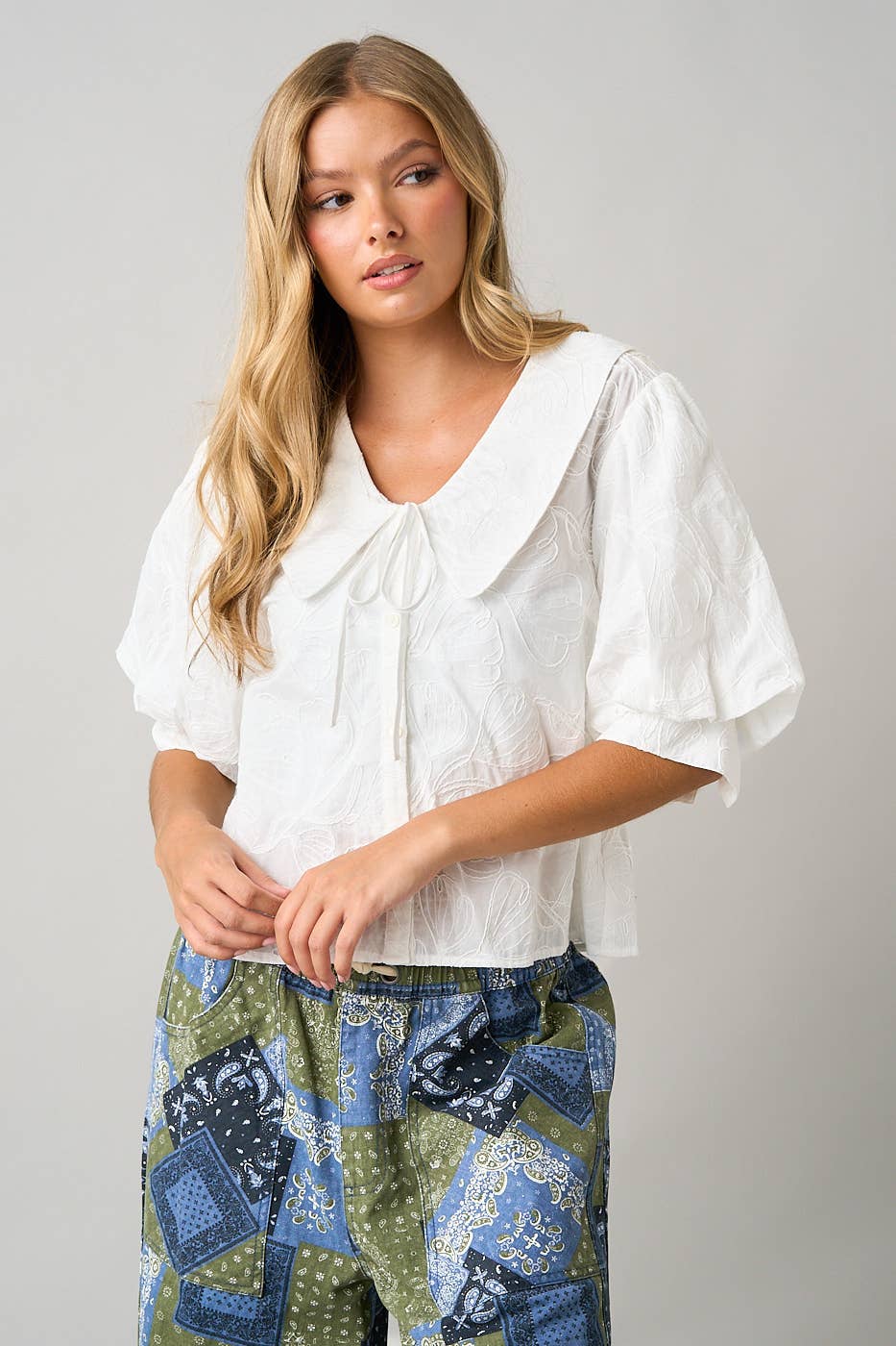 mittoshop - EMBROIDERED PETER PAN COLLAR PUFF SLEEVE BLOUSE