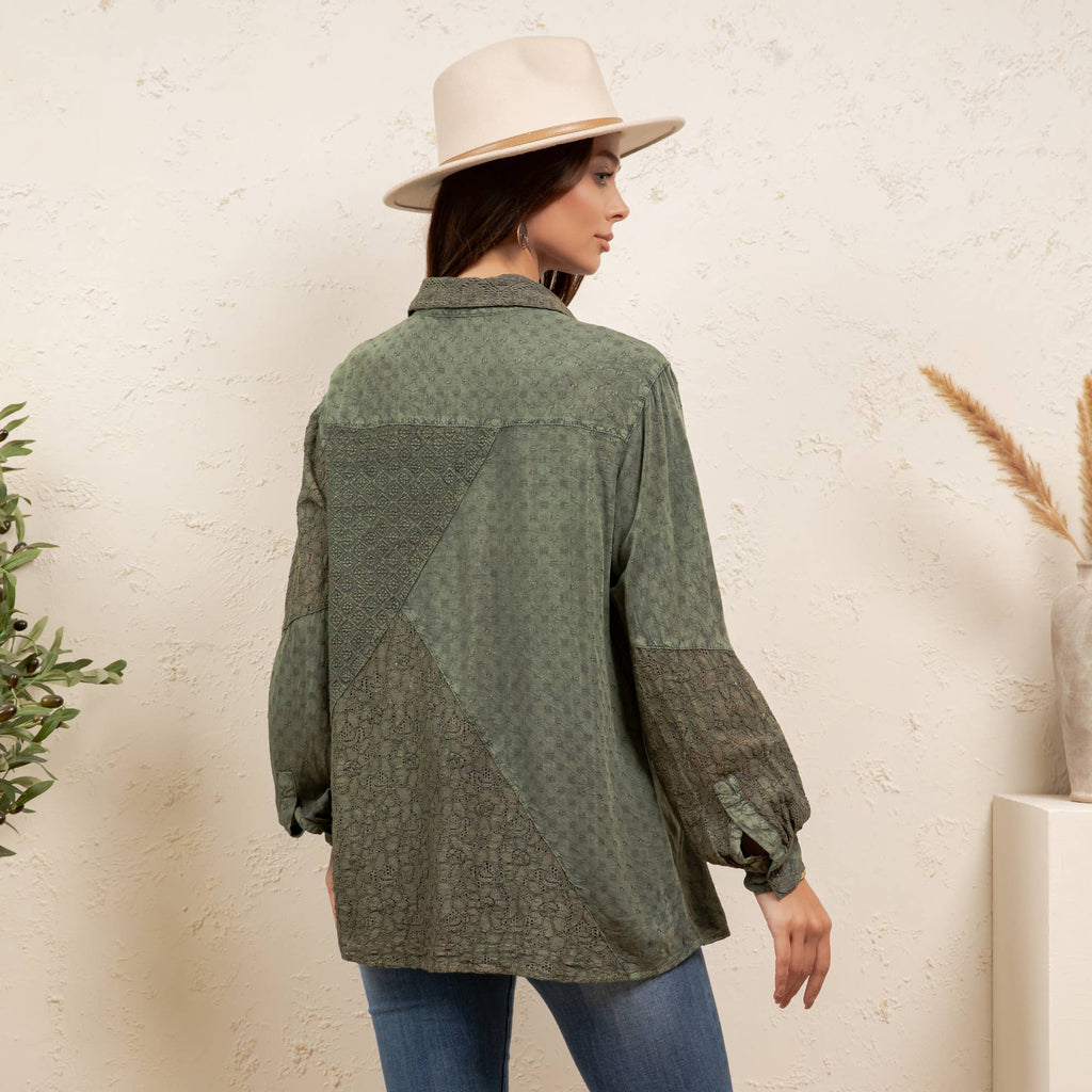 Young Threads - Vintage Washed Lace Patchwork Long Sleeve Shacket NEW