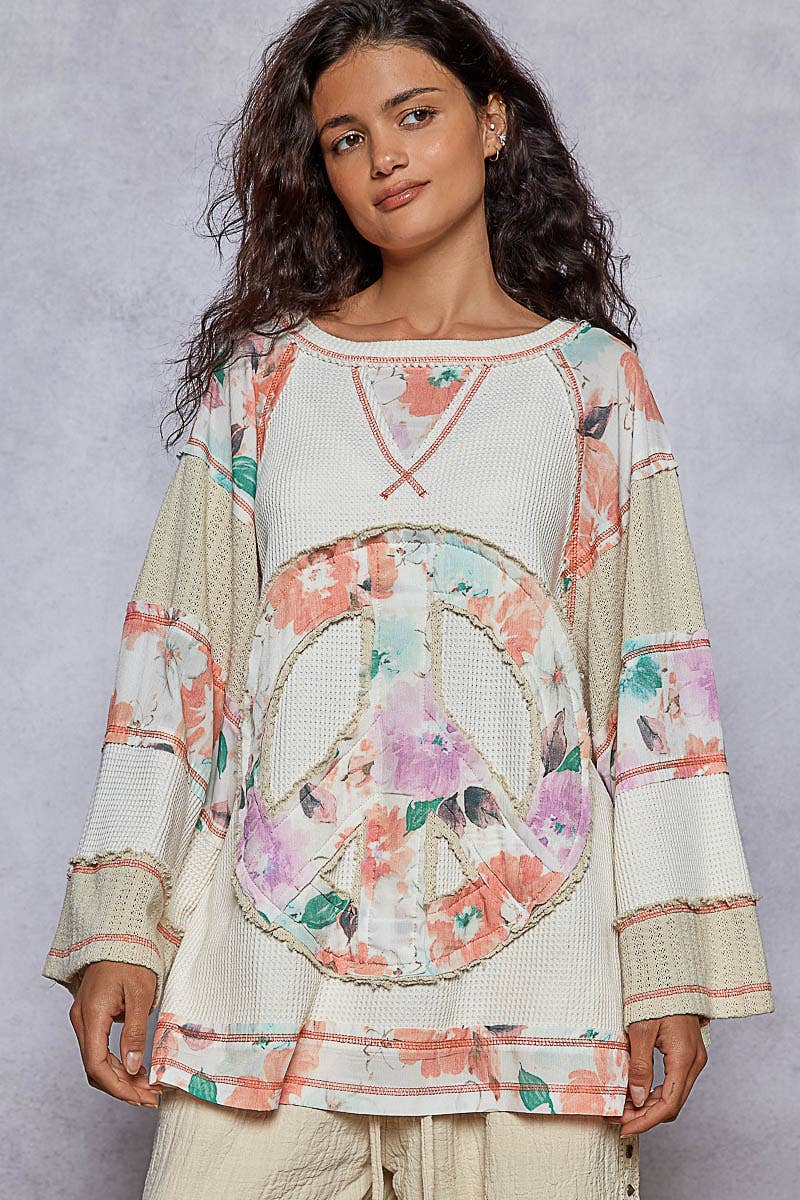 Pol Clothing - Round neck printed peace patch overlock stitch knit top