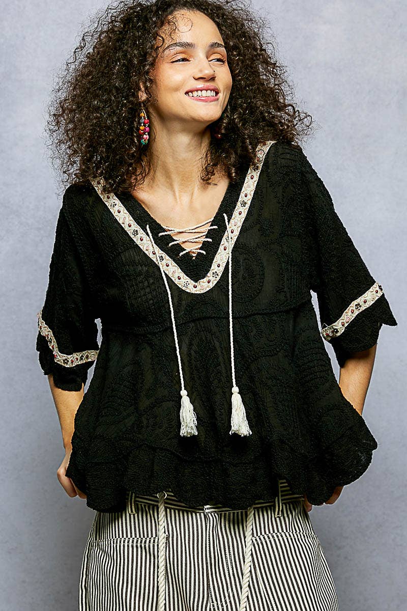 Pol Clothing - Short Sleeve Adjustable Drawstring Crochet V Neck Top