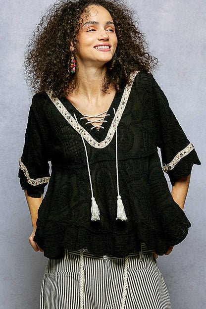 Pol Clothing - Short Sleeve Adjustable Drawstring Crochet V Neck Top