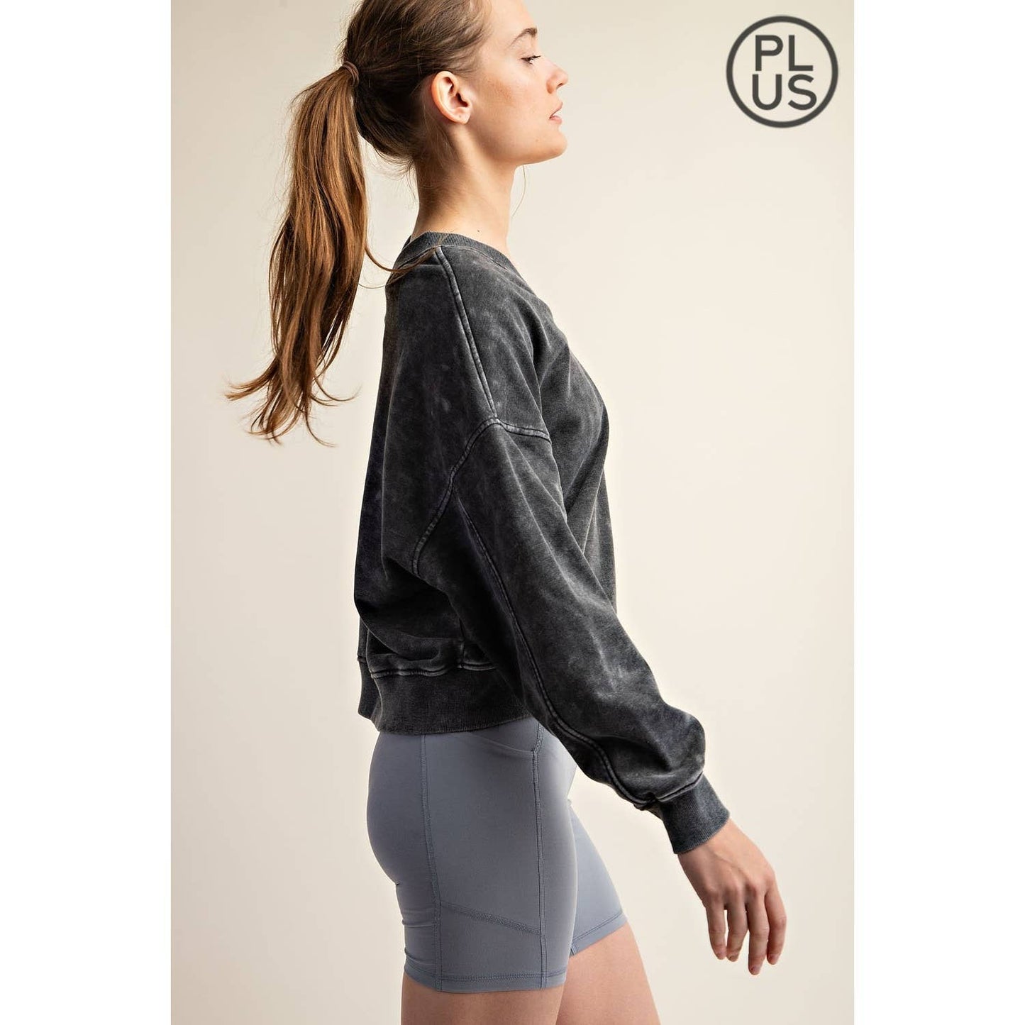 PLUS SIZE MINERAL WASHED FRENCH TERRY V-NECK PULLOVER Rae Mode
