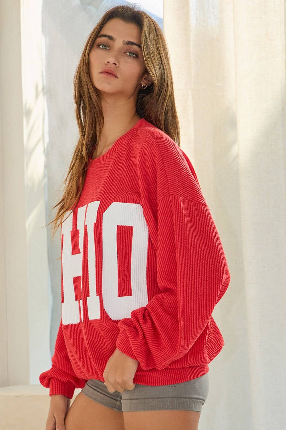OHIO' Print Ribbed Oversized Graphic Sweatshirt