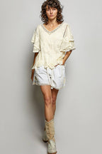 Pol Clothing - V-neck Short Sleeve Crochet Trim Solid Top