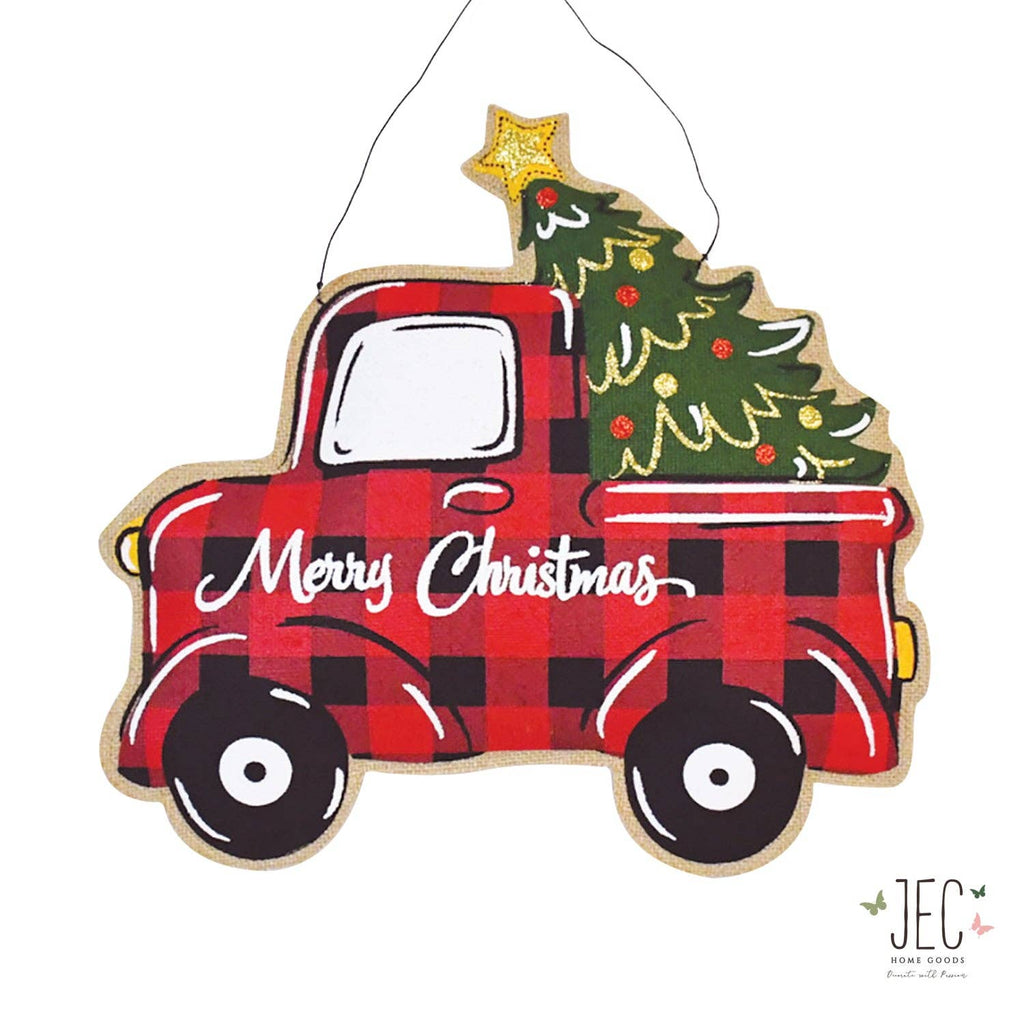 Christmas Tree Pick Up Truck Burlap Puffy Wall Hanging Door Décor  17.5"x17.5"