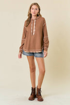 Soft WAFFLE KNIT PLAID STRAP HOODED SWEATSHIRT