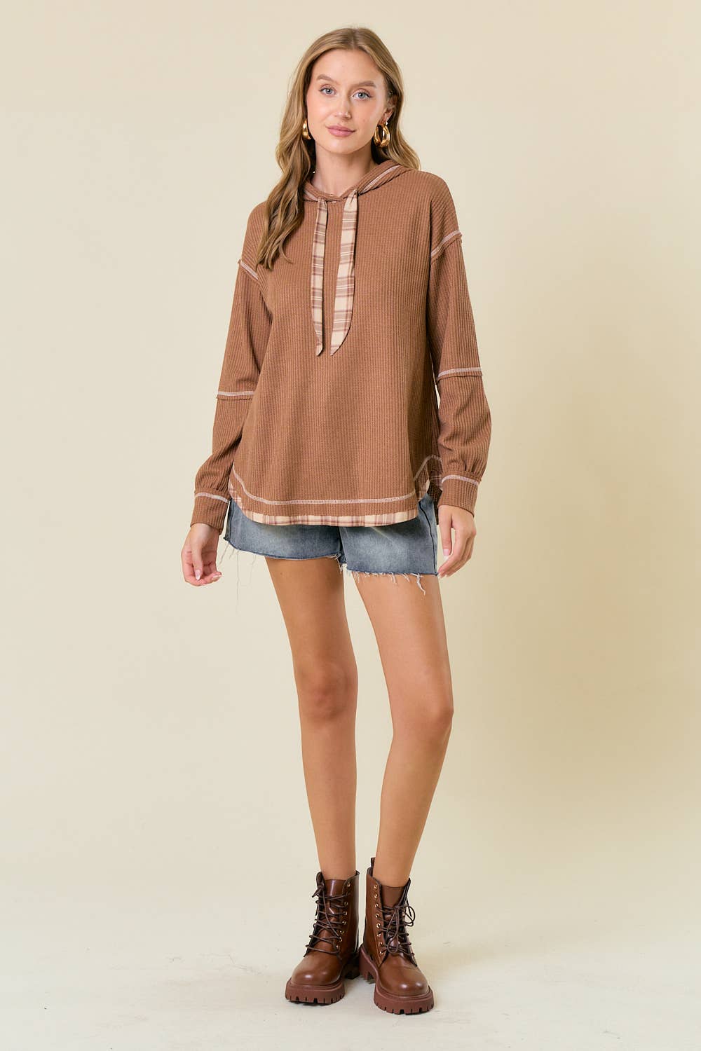 Soft WAFFLE KNIT PLAID STRAP HOODED SWEATSHIRT