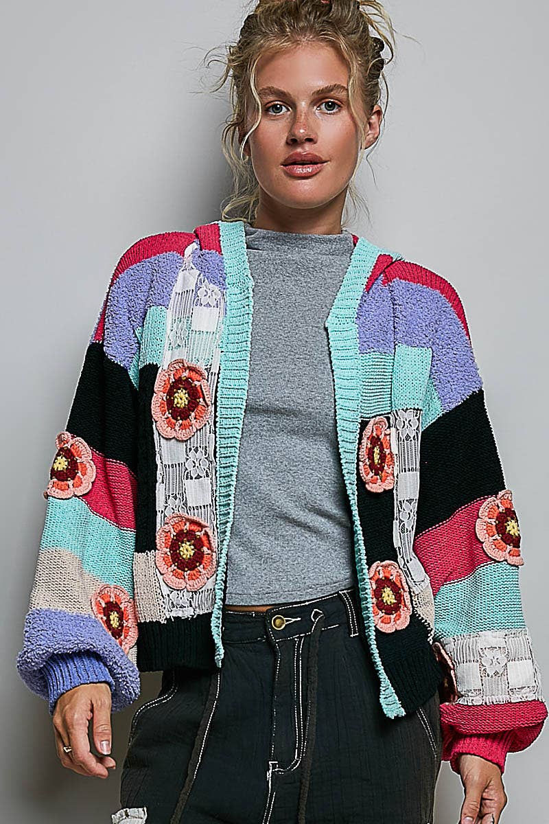 Pol Clothing - Mixed-Texture Patchwork Chenille Knit Crochet Cardigan