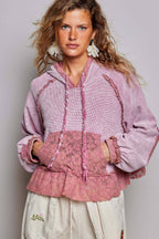 Pol Clothing - Cropped Balloon Sleeves Thermal Knit Lace Casual Hoodie