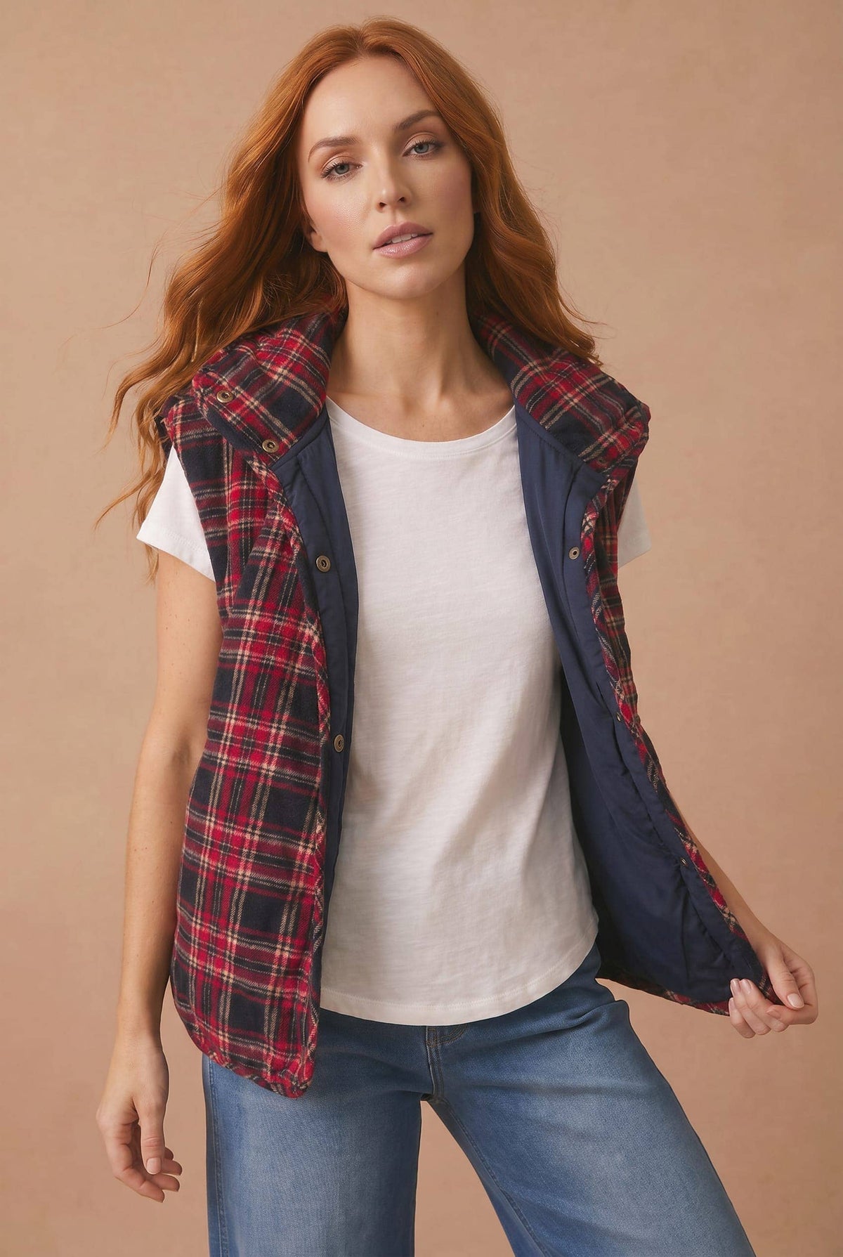 Haptics - High Neck Snap Button Plaid Quilted Vest