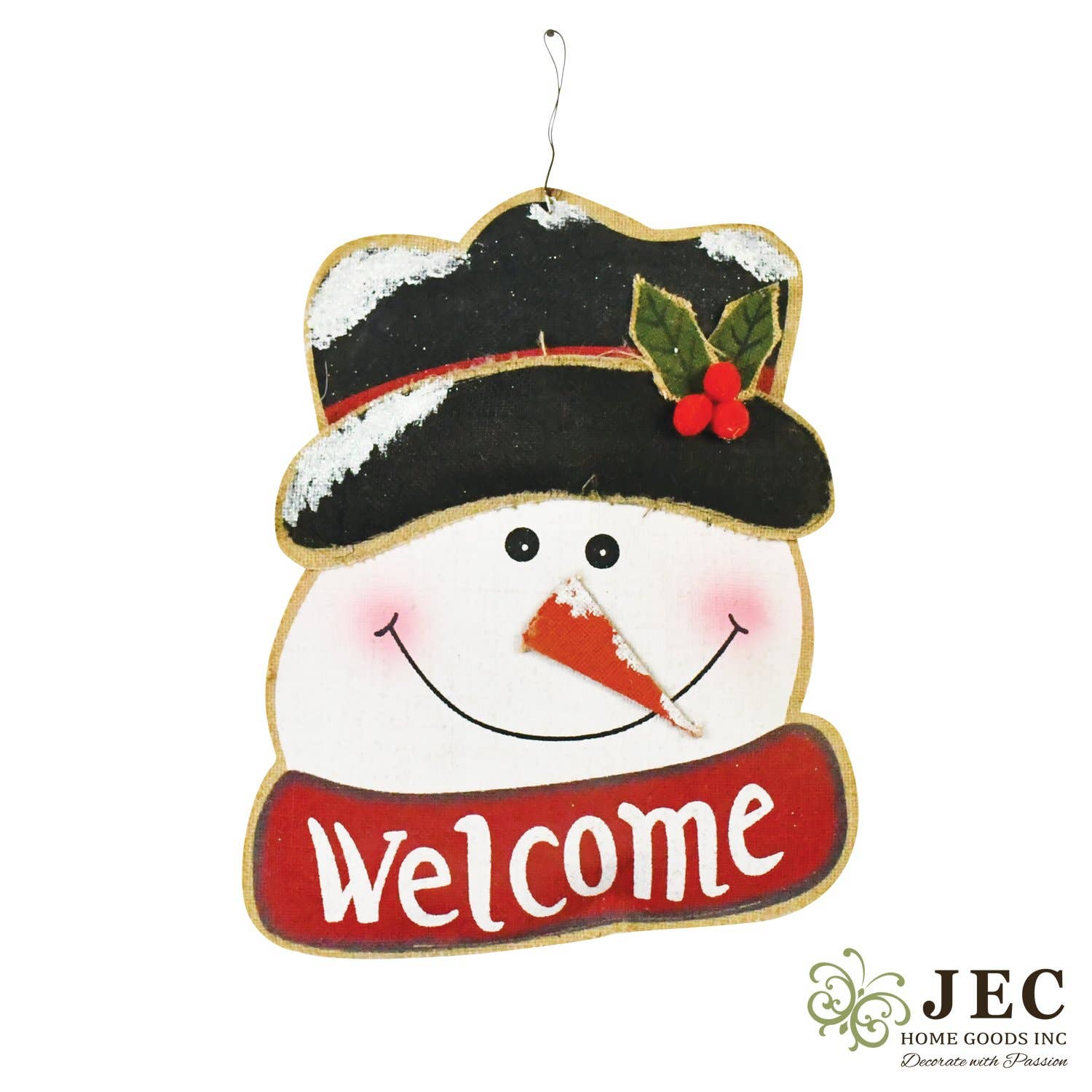 Christmas Winter Snowman Welcome Red Scarf Burlap Puffy Wall Hanging Rustic Porch Door Décor 17.5"x14"