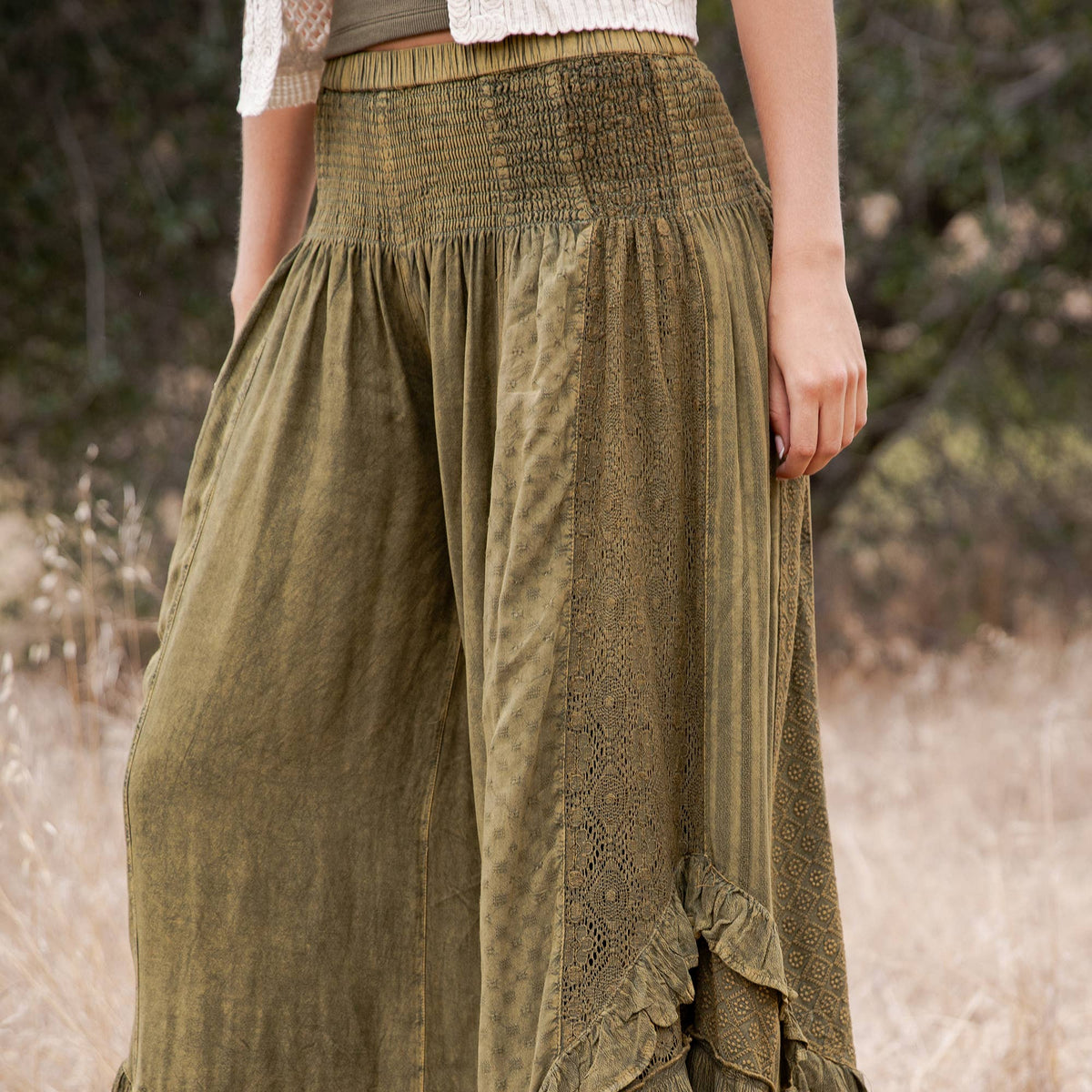 Young Threads - Boho Smocked Mineral Wash Lace Tiered Ruffle Pants NEW