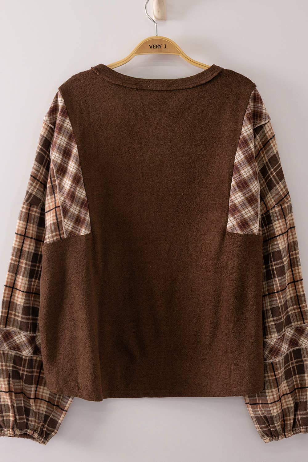 Havanah Contrast Plaid Sleeve Top