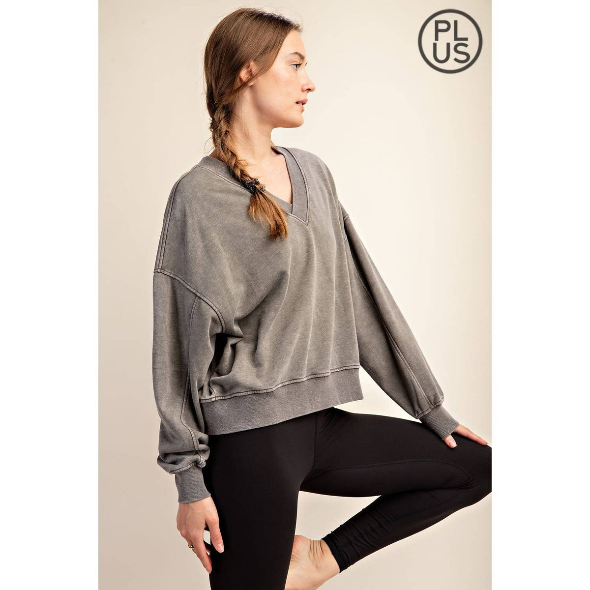 PLUS SIZE MINERAL WASHED FRENCH TERRY V-NECK PULLOVER Rae Mode