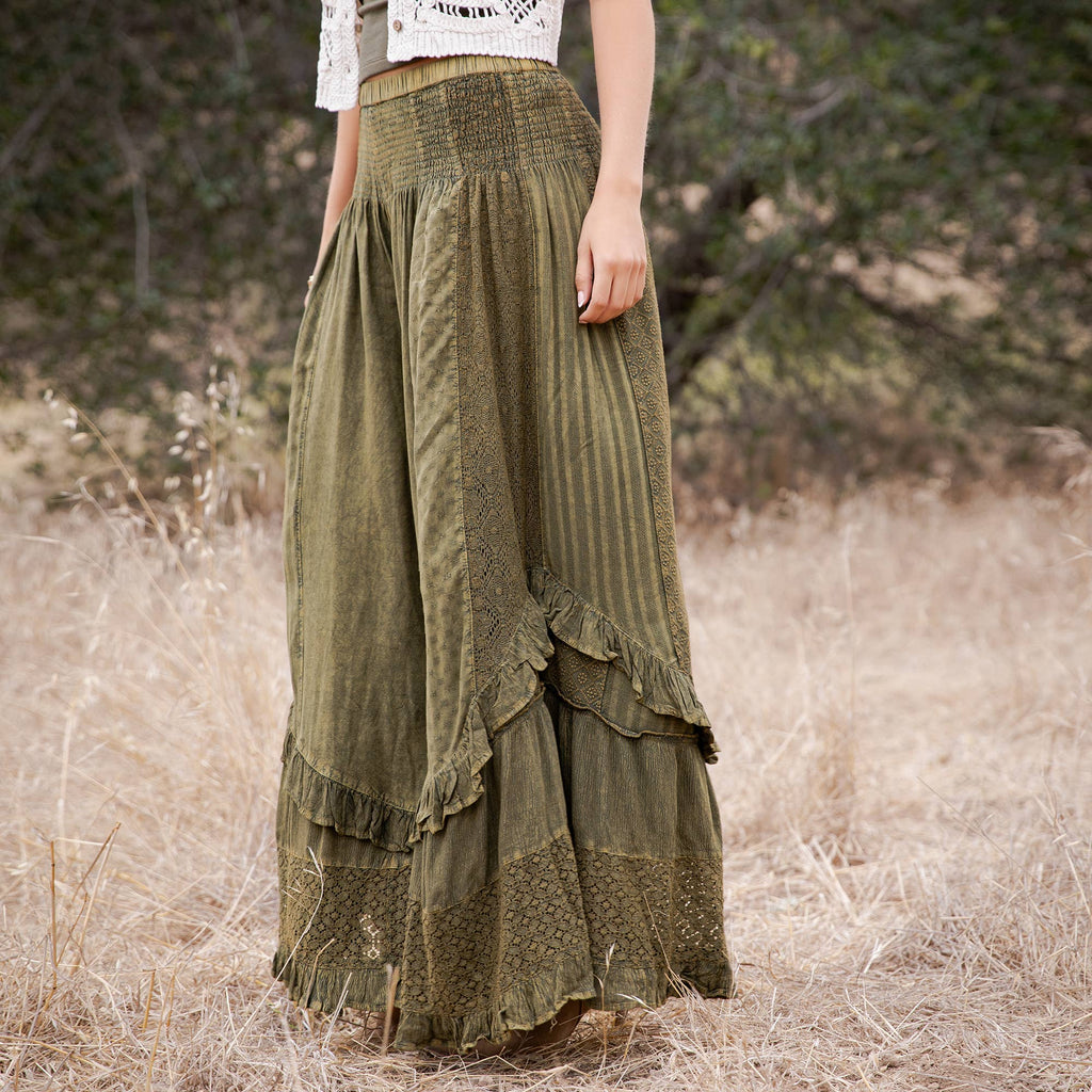 Young Threads - Boho Smocked Mineral Wash Lace Tiered Ruffle Pants NEW