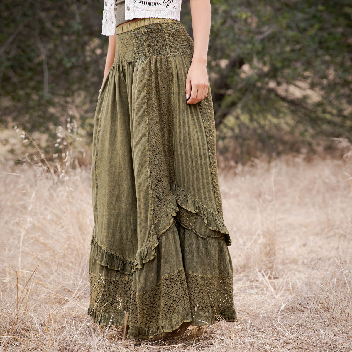 Young Threads - Boho Smocked Mineral Wash Lace Tiered Ruffle Pants NEW
