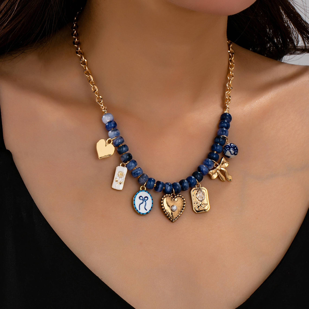 JOSSLYN by wall to wall - Beaded & Gold Chain Multi-Charm Strand Necklace | 80N93913