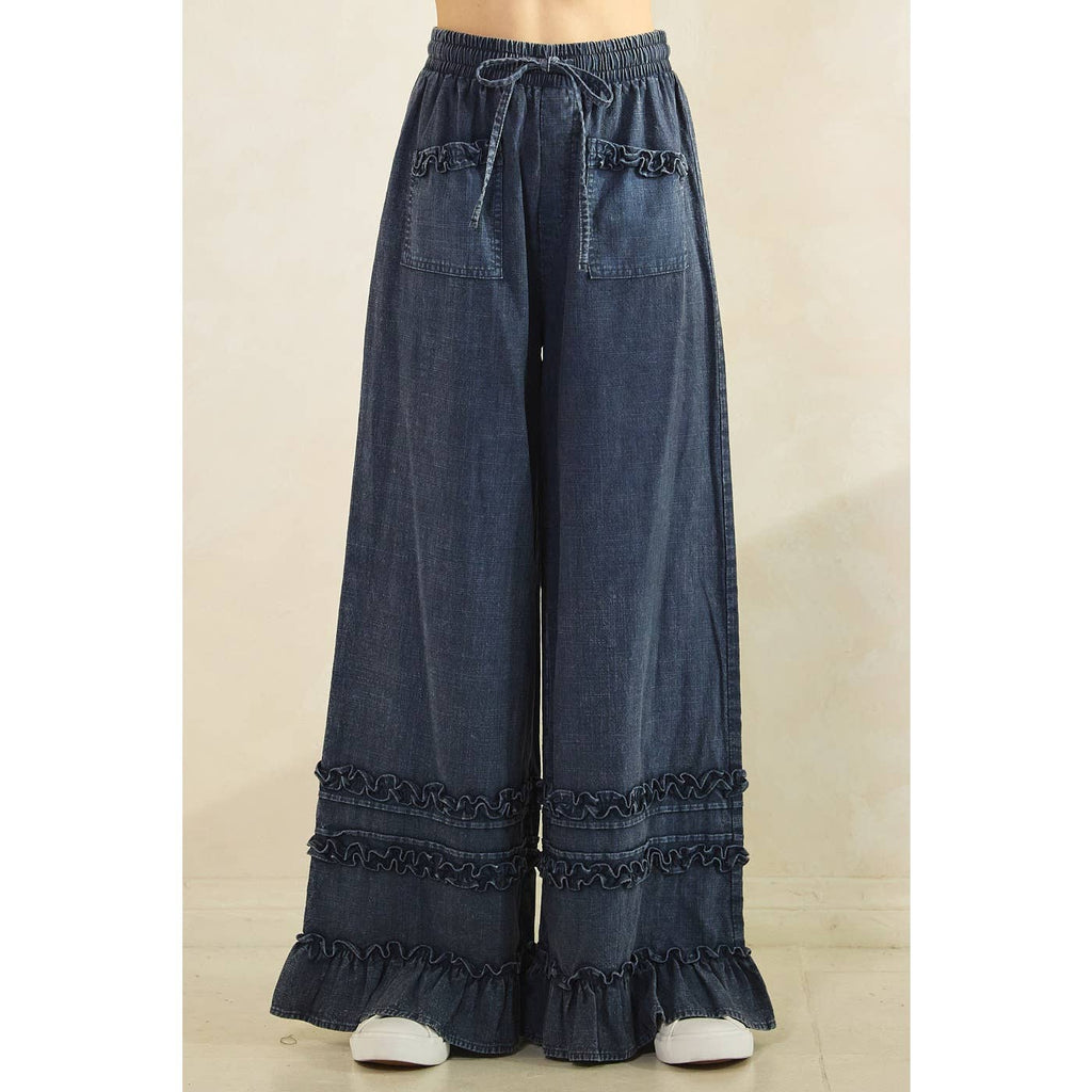 RUFFLE TRIM POCKET MINERAL WASH WIDE LEG PANTS