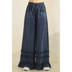 RUFFLE TRIM POCKET MINERAL WASH WIDE LEG PANTS