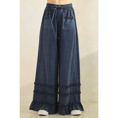 RUFFLE TRIM POCKET MINERAL WASH WIDE LEG PANTS