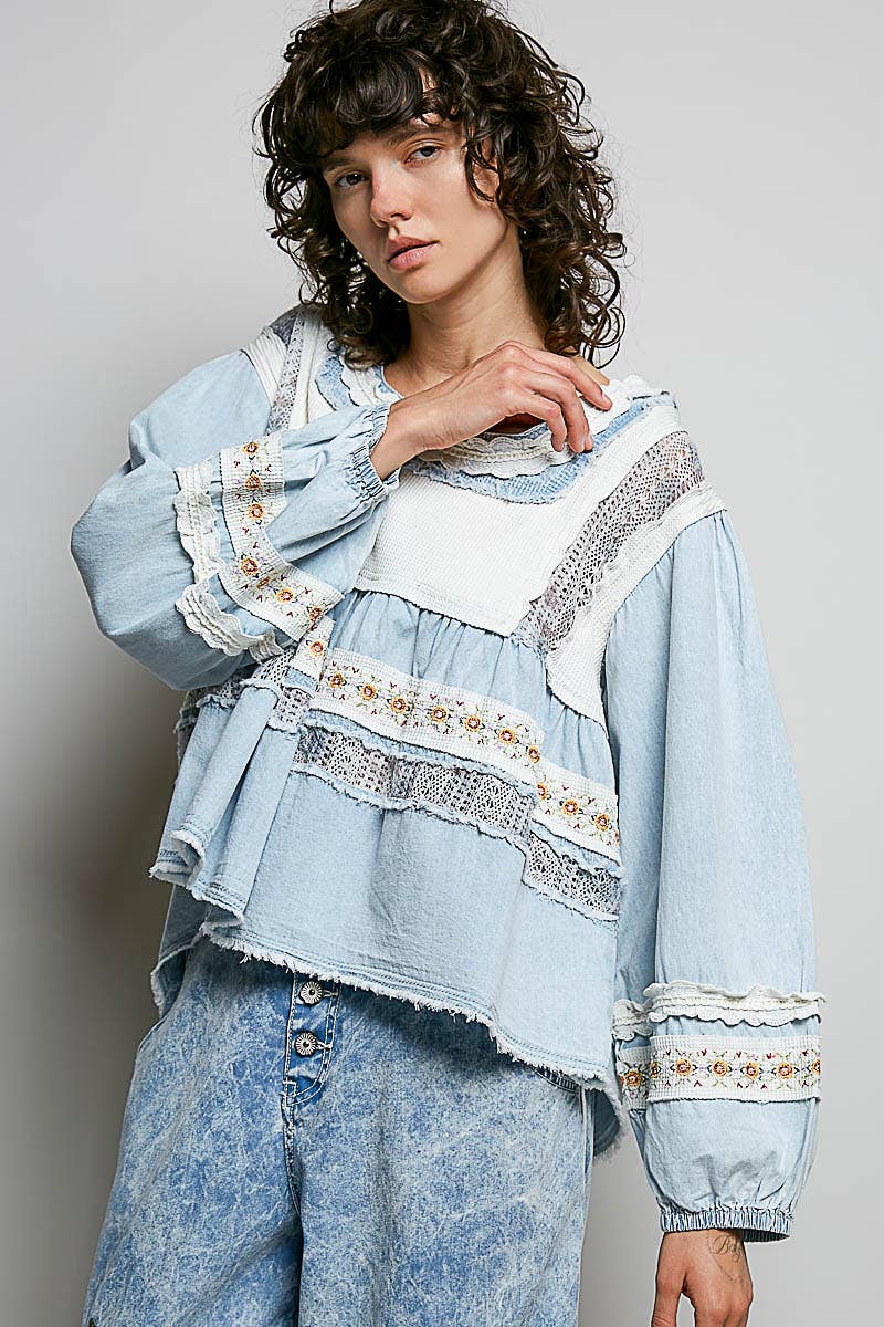 Pol Clothing - Embroidery Lace Contrast Square Neck Long Sleeve top