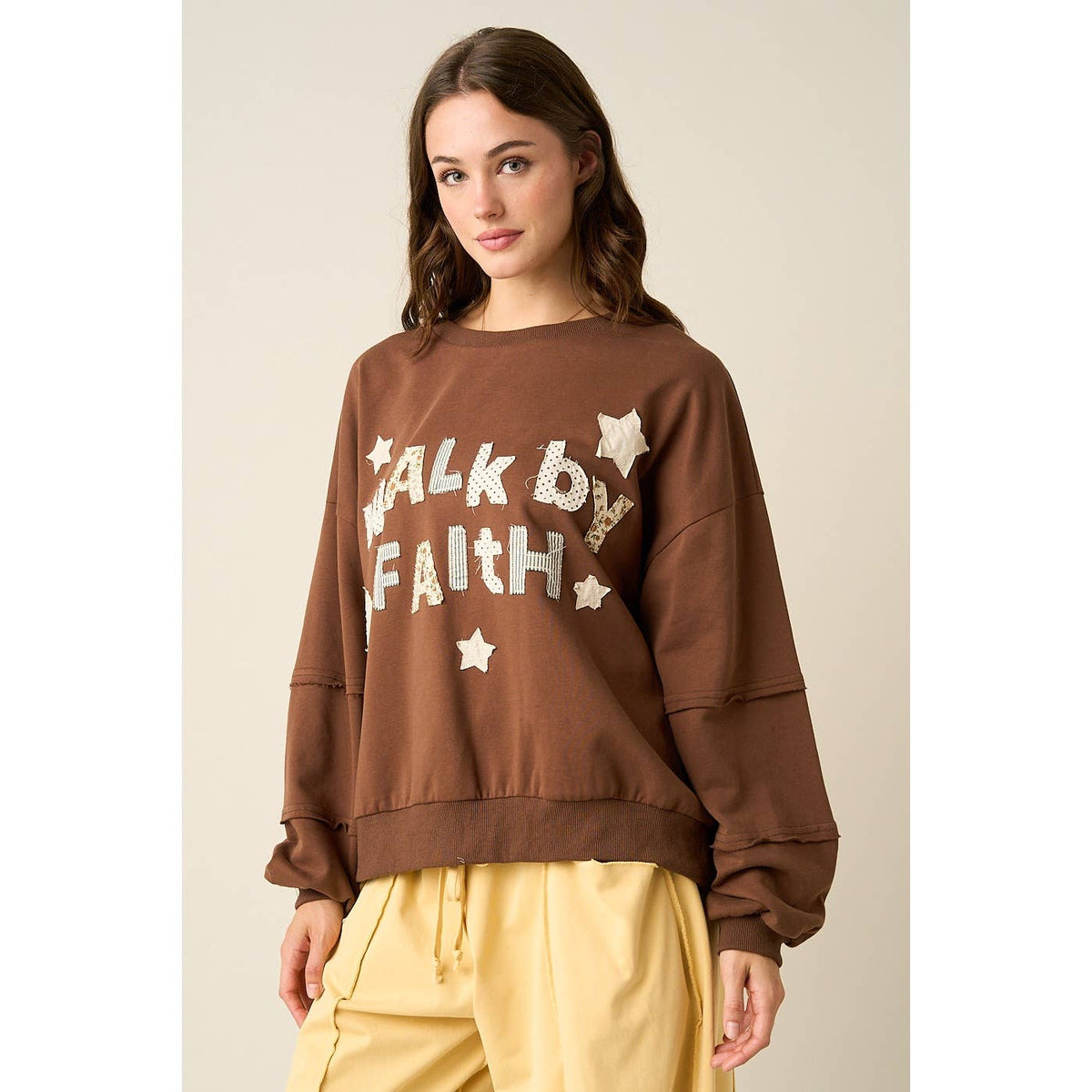 WALK BY FAITH PATCHWORK LETTERING SWEATSHIRT