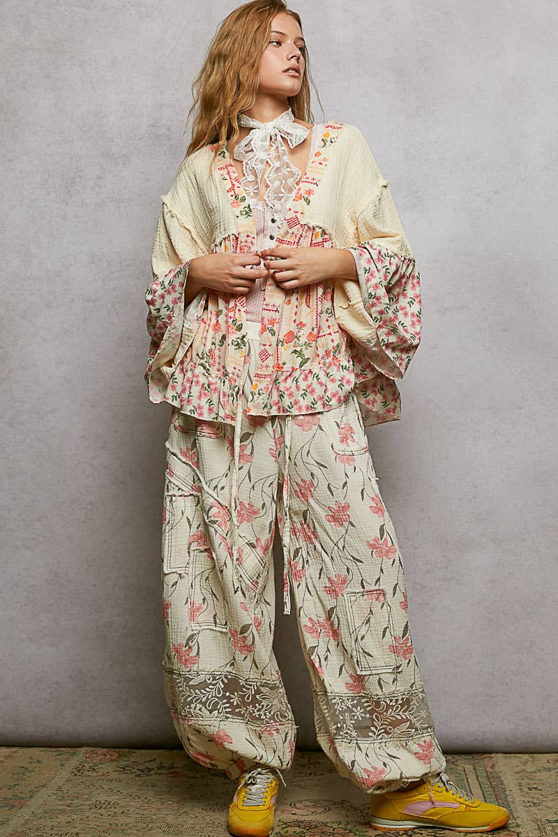 Pol Clothing - Double Gauze Floral Roomy Fit Open Cardigan with V-Back