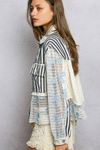 Pol Clothing - Cable Knit Lace Patchwork Woven Long Sleeve Shirt Top