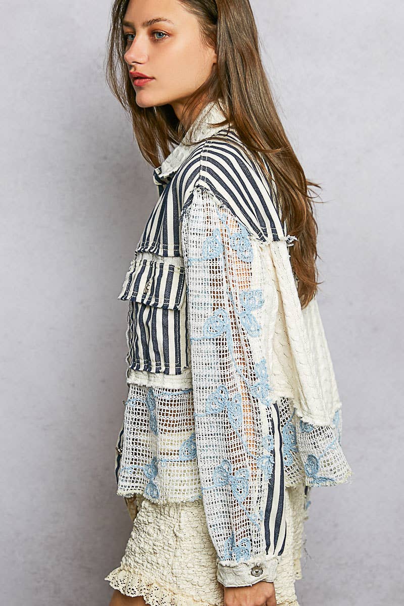 Pol Clothing - Cable Knit Lace Patchwork Woven Long Sleeve Shirt Top