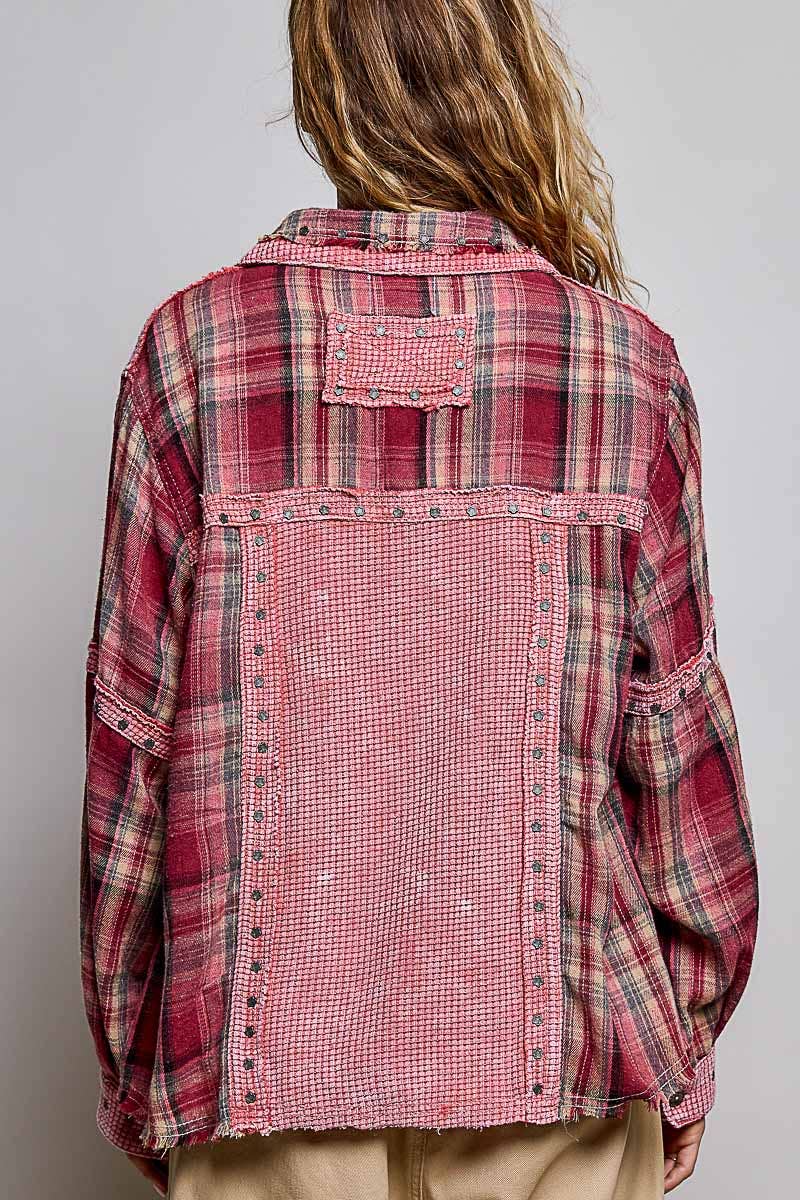 Pol Clothing - Plaid Mixed-Fabric Thermal Patch Studded Raw Edge Shirt