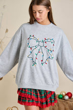 Grey Holiday Sweatshirt with Bow Christmas Lights embroidery